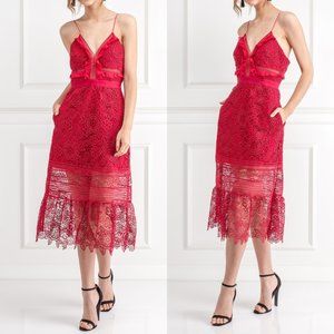 Self-Portrait Raspberry Red Floral Lace Midi Dress Ruffle Sleeveless 4 Small